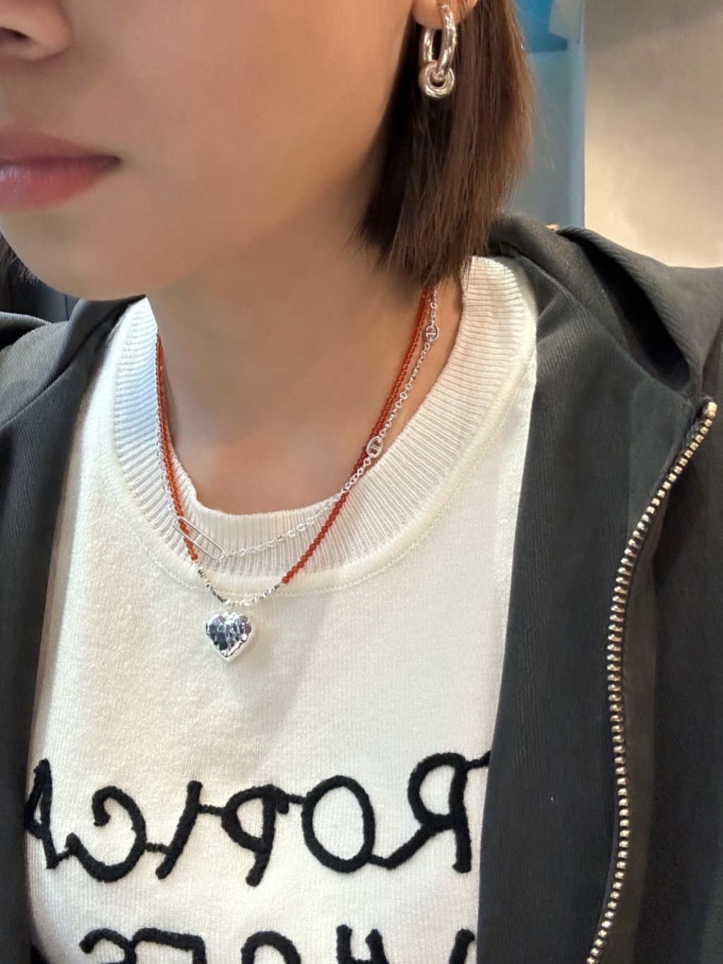 N1276 Natural Stone Crushed Silver Heart Necklace