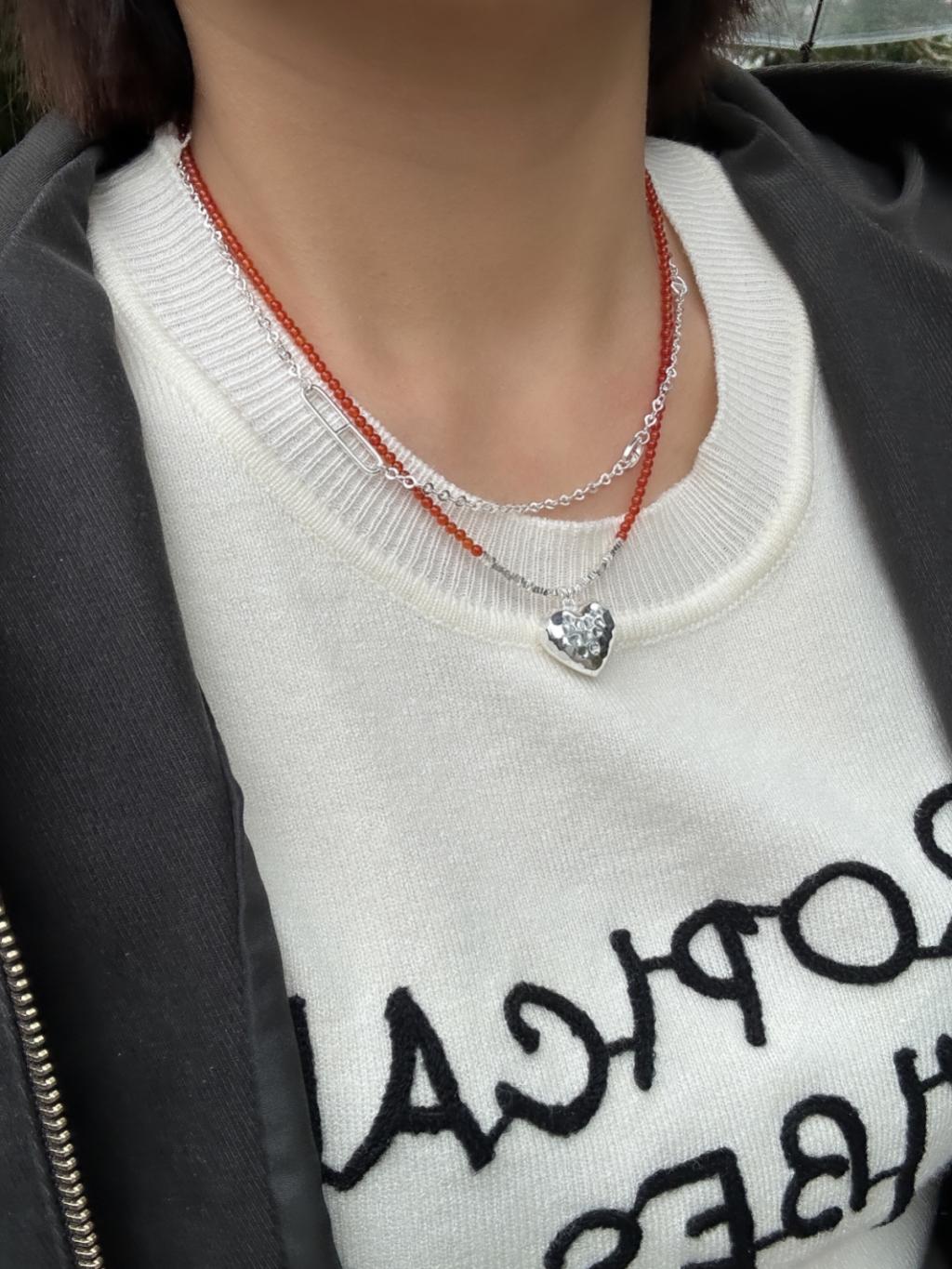 N1276 Natural Stone Crushed Silver Heart Necklace