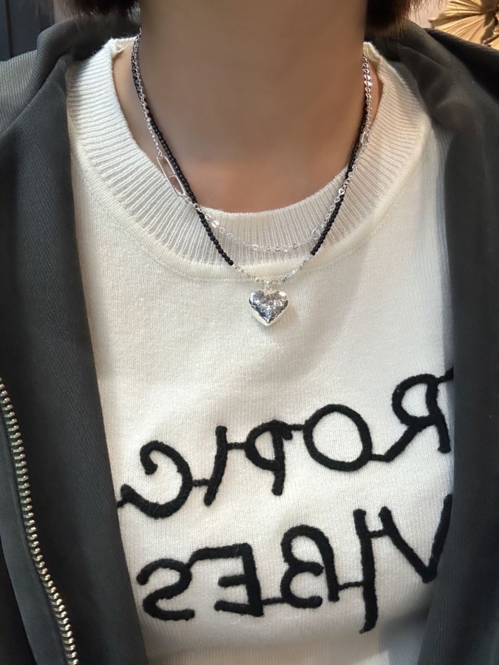 N1276 Natural Stone Crushed Silver Heart Necklace
