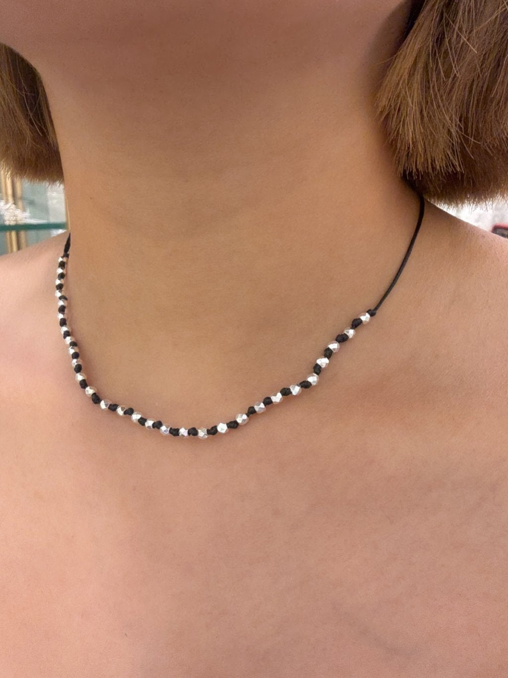 N1320 Waxed Cord Square Bead Clavicle Necklace