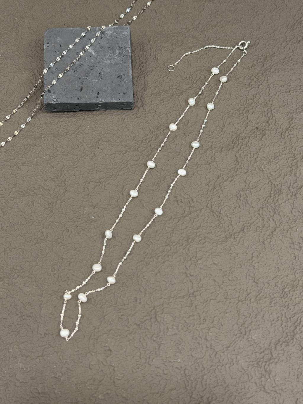 N1353 Freshwater Pearl Spaced Silver Chain Necklace