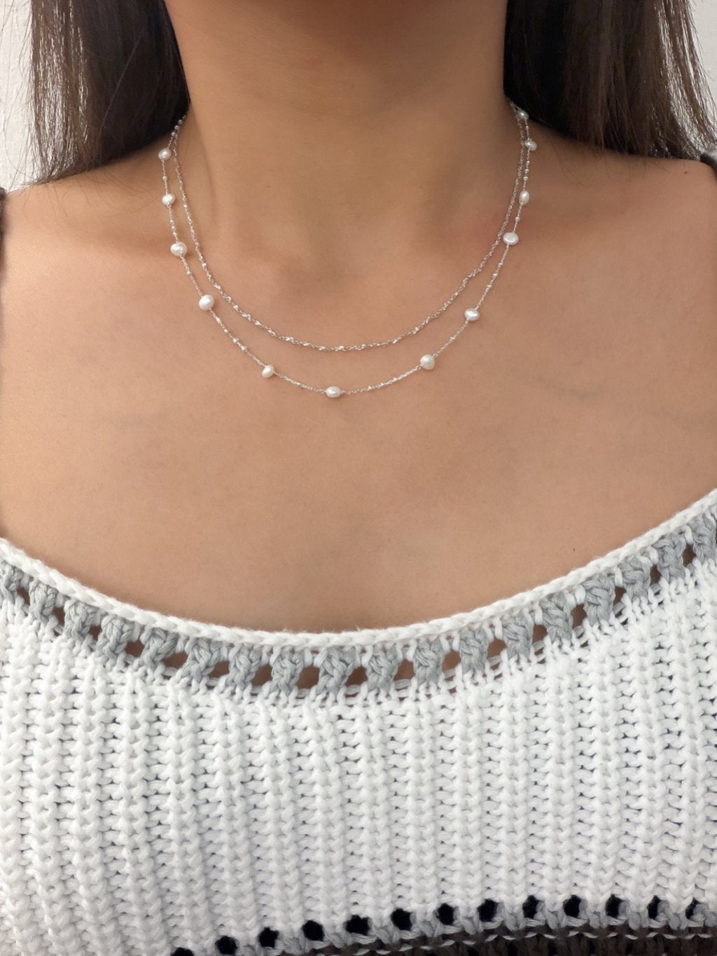 N1353 Freshwater Pearl Spaced Silver Chain Necklace